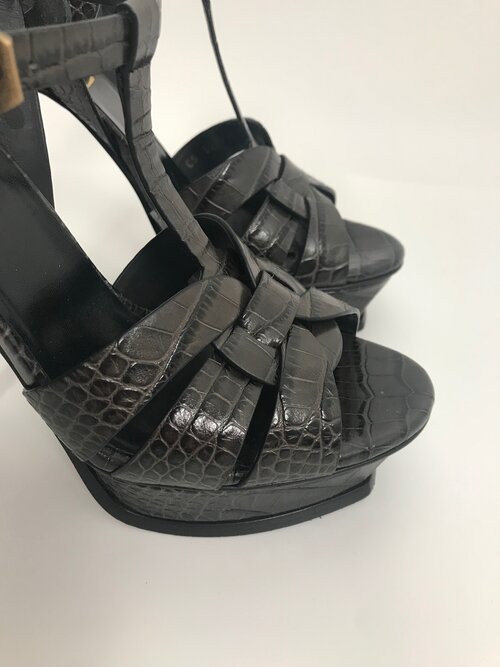 Saint Laurent Brown Croc Embossed Tribute Sandals