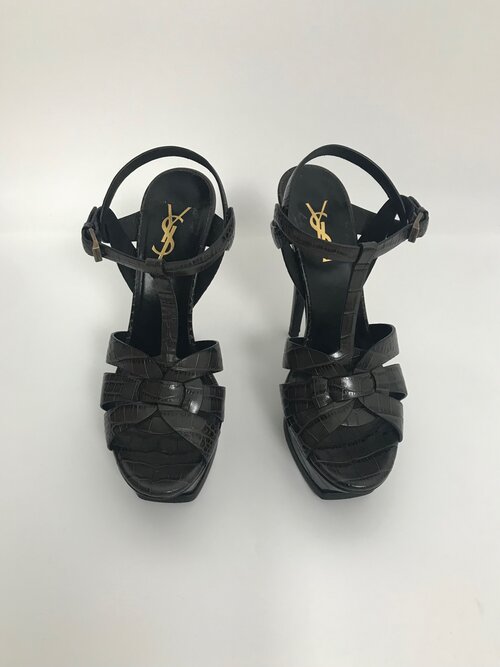 Saint Laurent Brown Croc Embossed Tribute Sandals