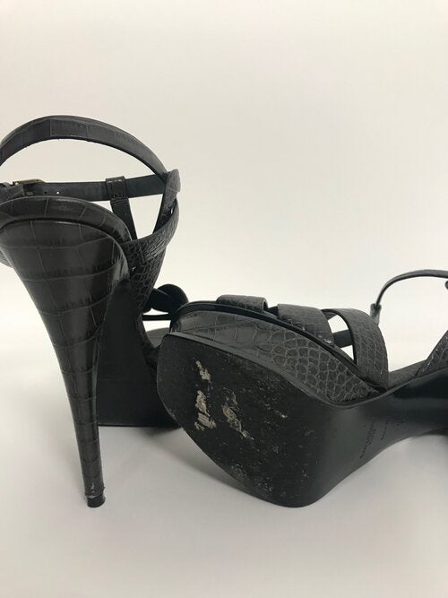 Saint Laurent Brown Croc Embossed Tribute Sandals